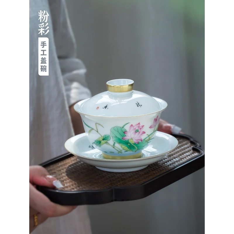 景德镇高档玉泥陶瓷盖碗茶杯单个 手绘粉彩功夫茶具泡茶三才茶碗