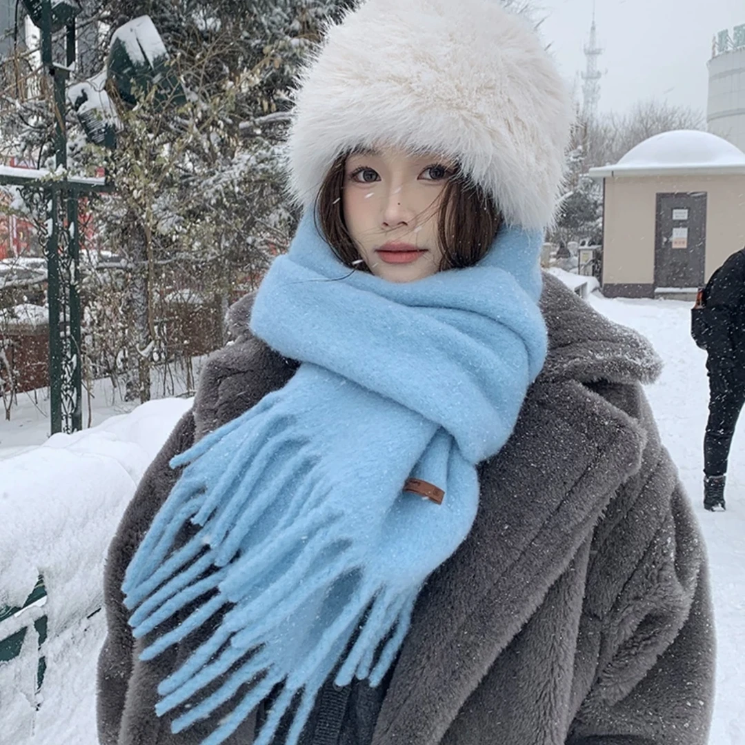 冰岛海盐蓝色韦巾女冬季高级感纯色百搭羊毛韦脖男保暖仿羊绒披肩