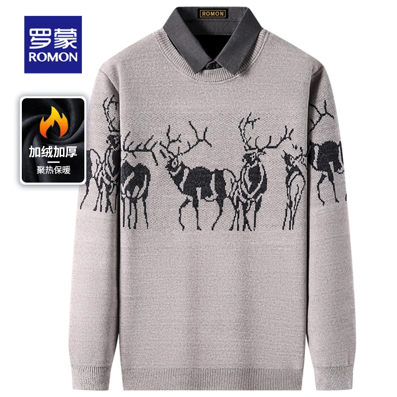 罗蒙中老年爸爸冬装假两件雪尼尔毛衣男士加绒加厚保暖针织打底衫