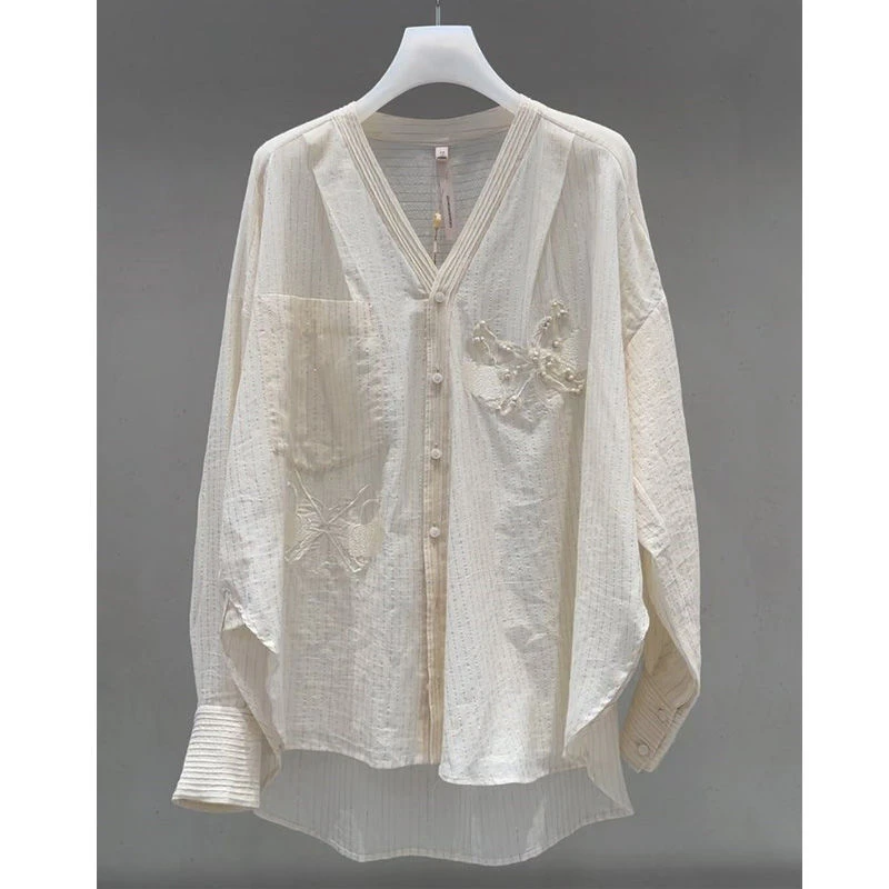 2026年春秋新款韩范时髦百搭休闲别致宽松显瘦V领长袖衬衫上衣女