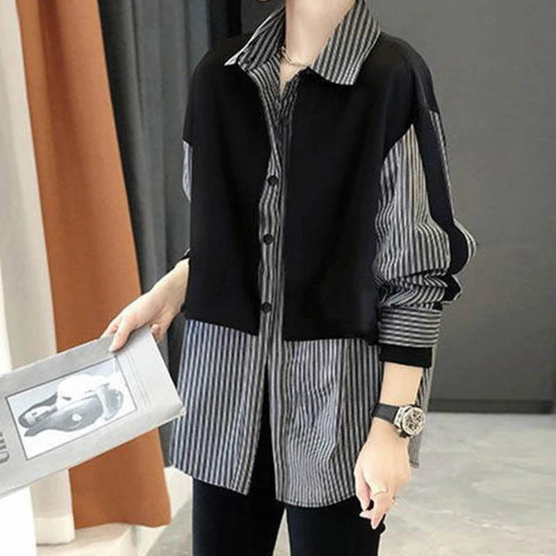 欧洲站2024春秋新款设计感假两件高级拼接条纹宽松港风假两件衬衫