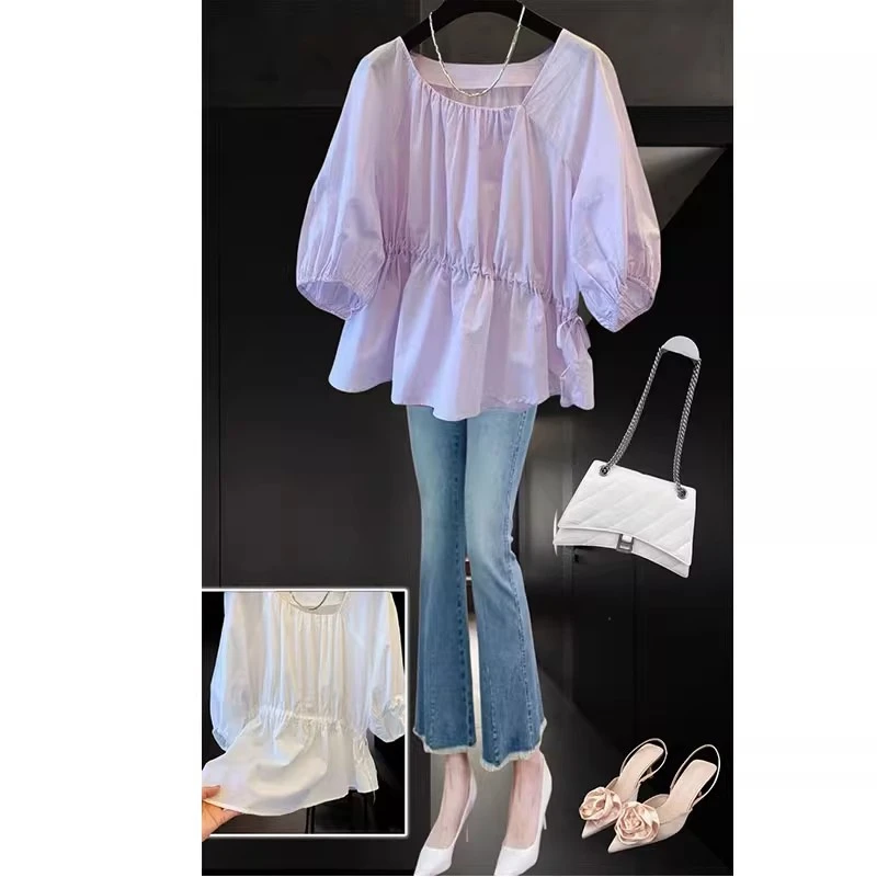 2025夏季新款韩版小众设计感宽松不规则斜领斜袖荷叶边衬衣上衣女