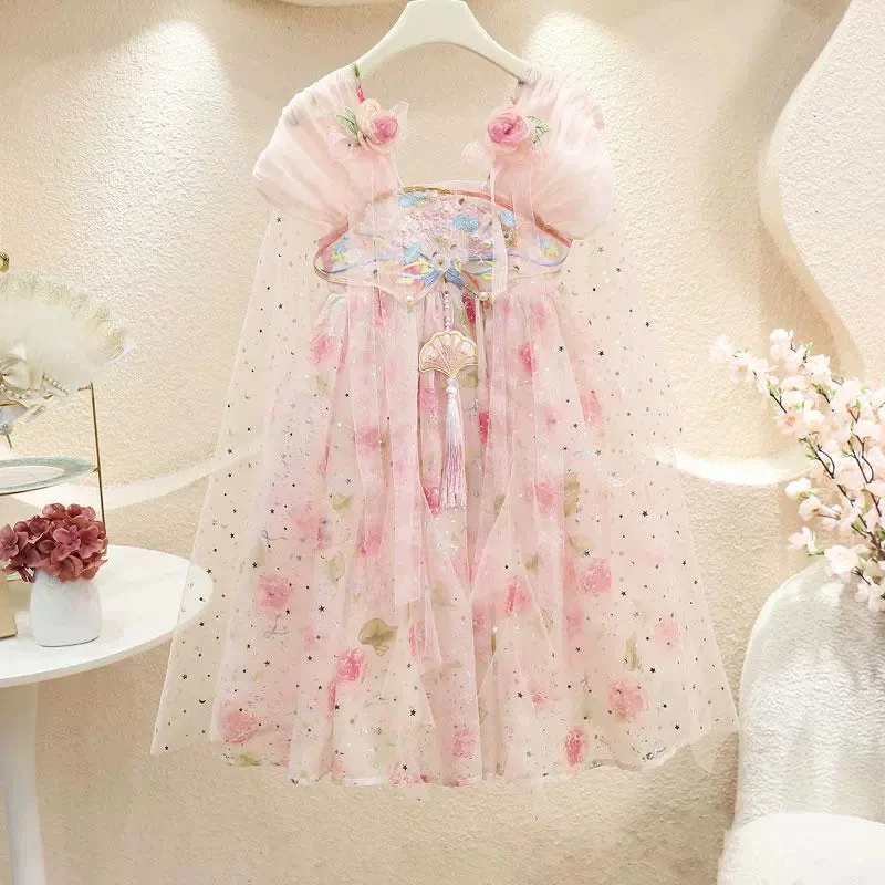 女童夏季汉服连衣裙2024新款中国风夏款小女孩粉色玫瑰古装公主裙