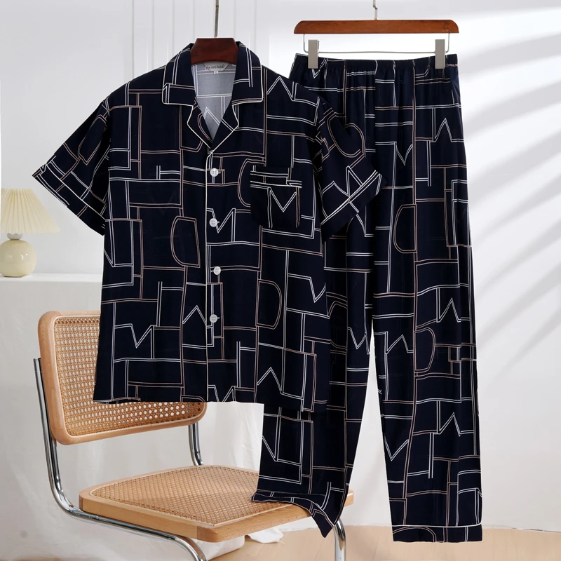 睡衣男士短袖棉绸春秋夏季人造棉薄款青中年棉绸大码家居服套装
