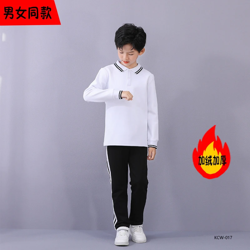 儿童白色POLO衫加绒保暖男女童冬季打底T恤翻领中小学生班服校