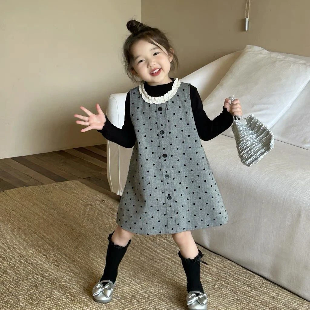 女童背心公主裙新款2024韩版洋气宝宝儿童波点公主连衣裙套装秋冬