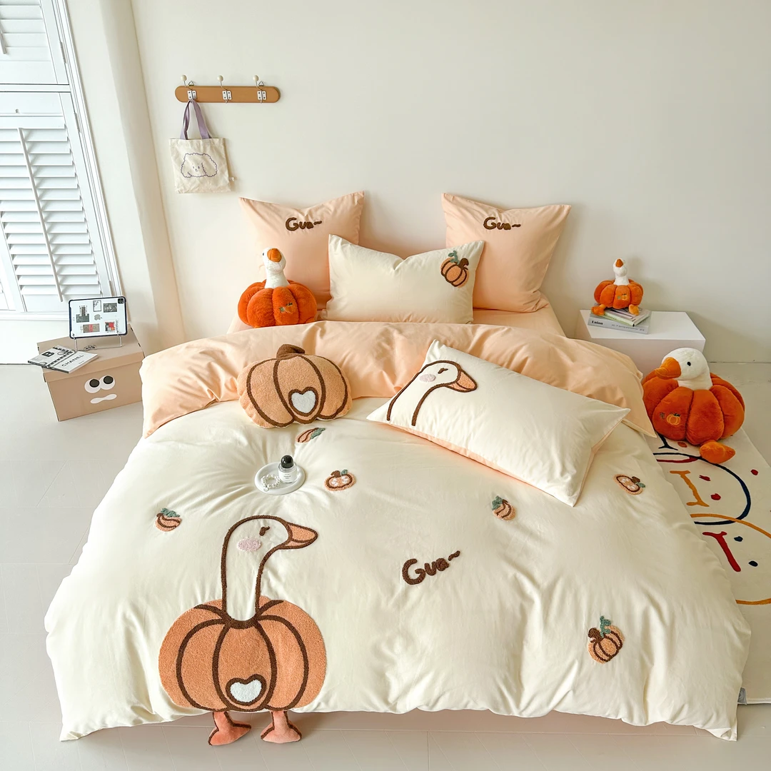 小玲子 「南瓜鸭」 100支全棉磨毛 可爱风 毛巾绣 四件套