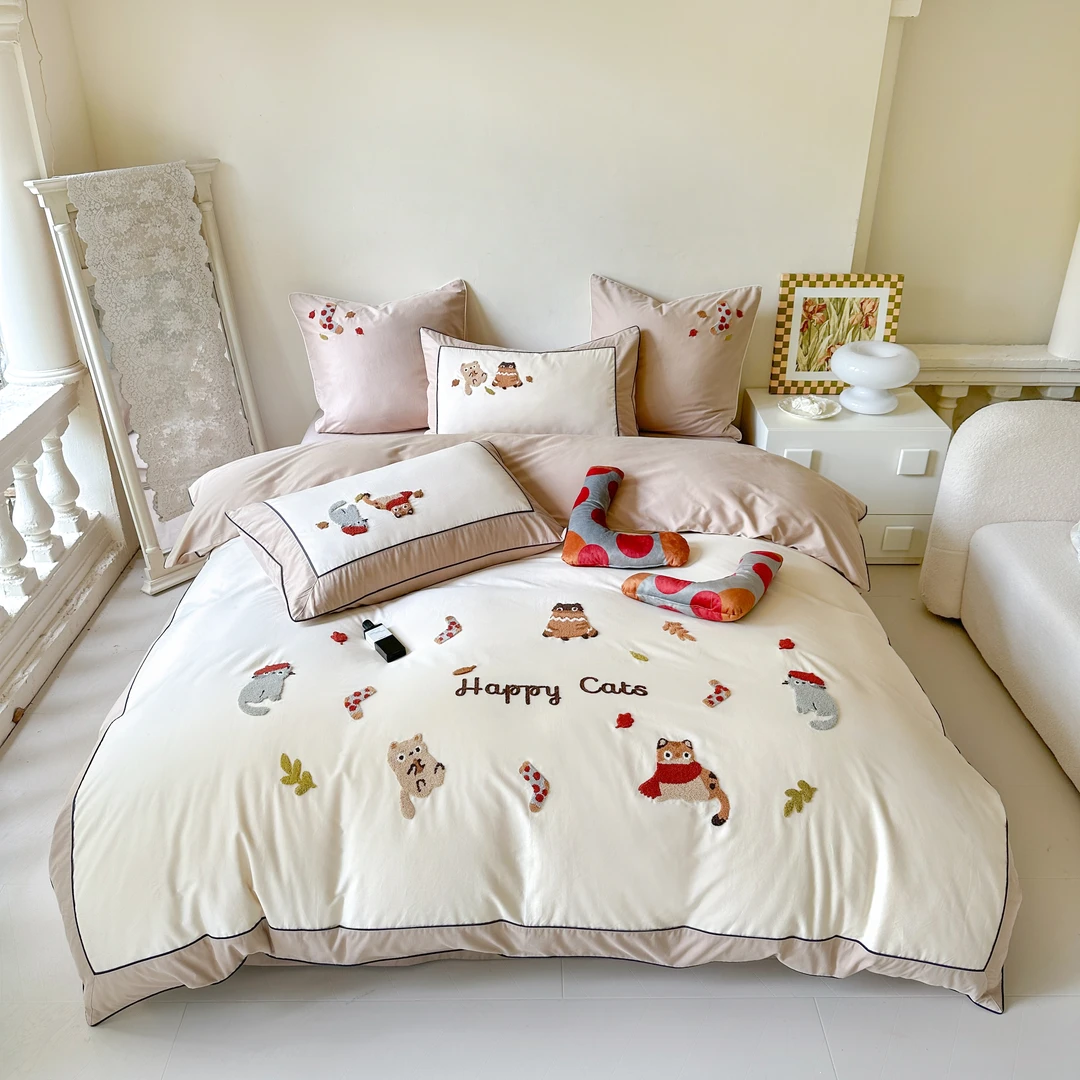 小玲子 「袜子猫」 100支全棉磨毛 可爱风 毛巾绣 小清新 四件套