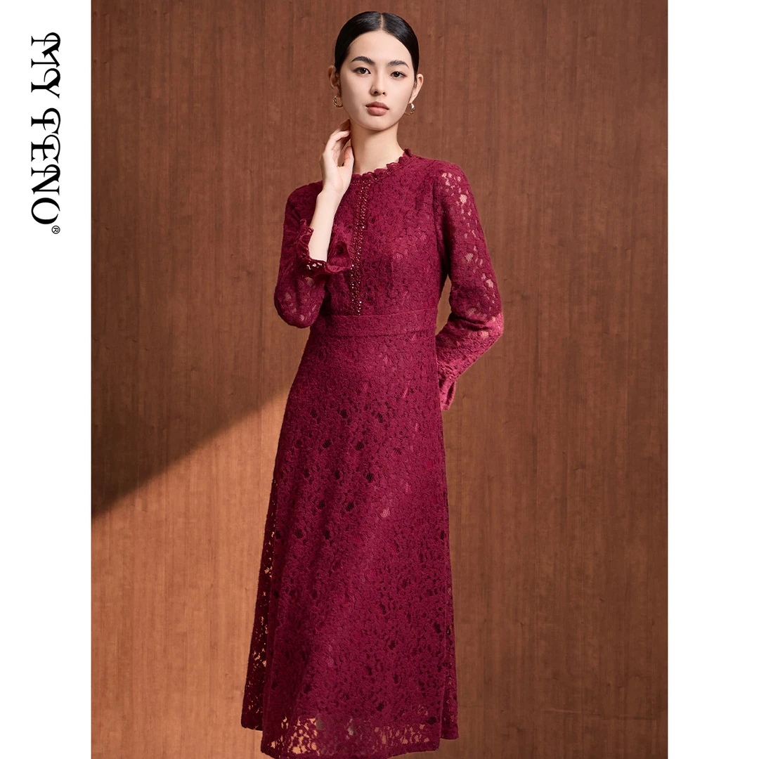 MY TENO/马天奴蕾丝女装连衣裙气质长袖婚宴秋冬酒红色VDA112DRX0