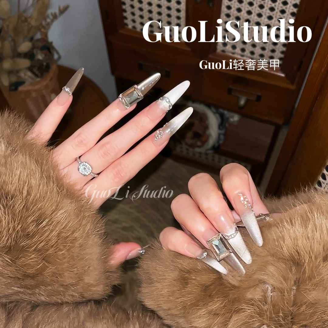 《香槟》GuoLi纯手工穿戴甲气质女神爆闪堆钻纯欲显白绸缎猫眼长款