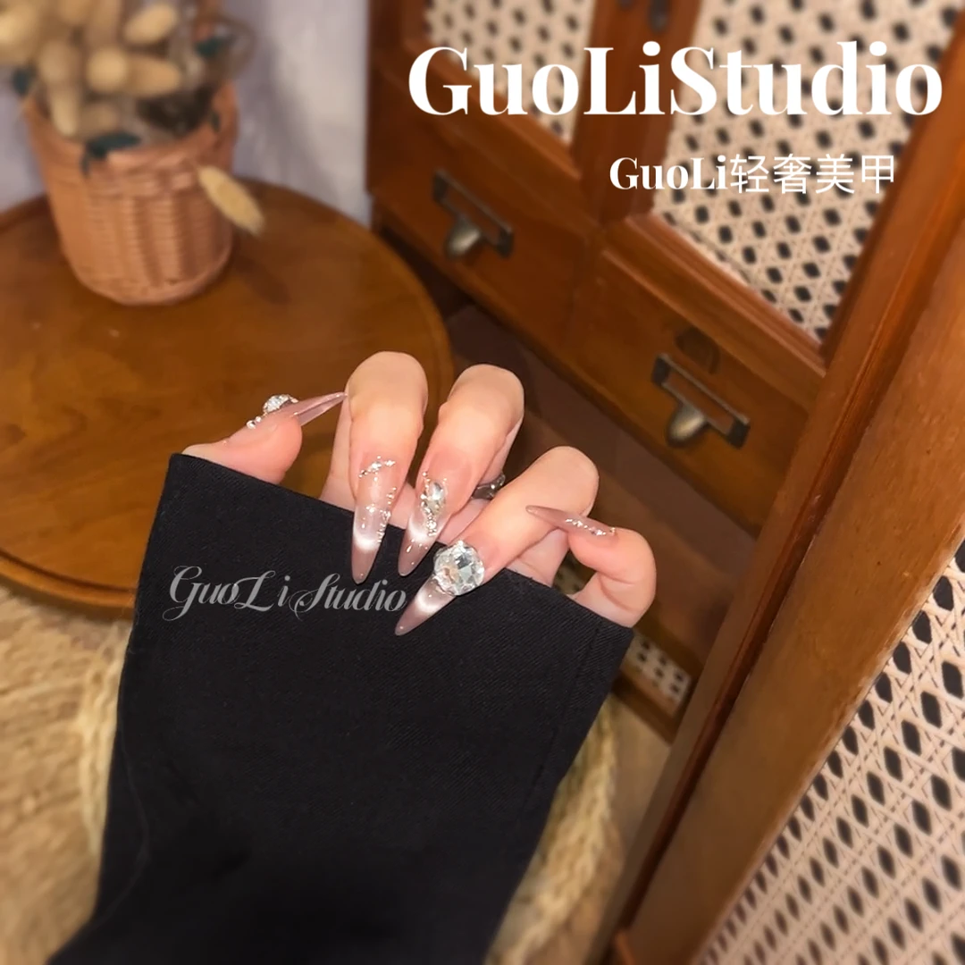 《甜桃》GuoLi纯手工穿戴甲气质女神爆闪堆钻纯欲显白裸色长款御姐i