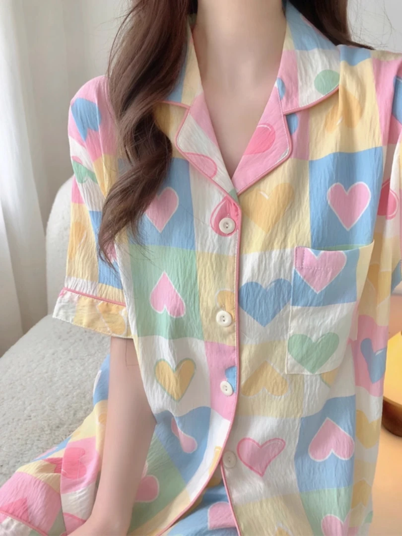 睡衣女款夏季短袖短裤甜美可爱2024新款开衫可外穿套装薄款