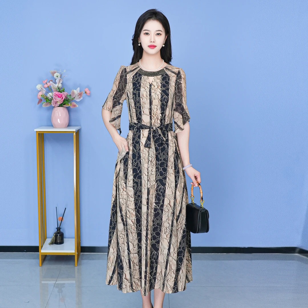 【SJYF1399】夏季新款连衣裙中长款气质中式收腰印花修身女装连衣裙