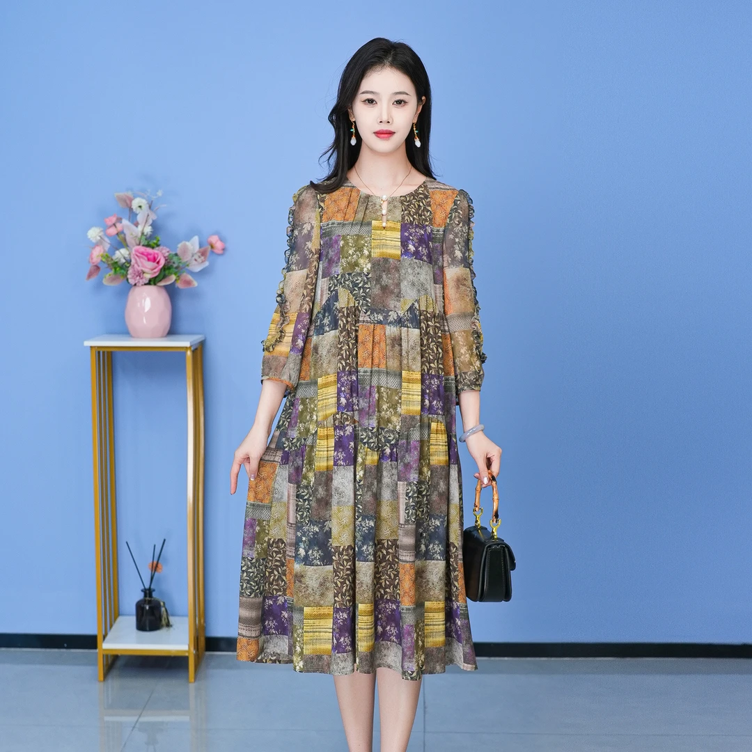 【SJYF1685】秋季新款连衣裙中长款气质中式收腰印花修身女装连衣裙