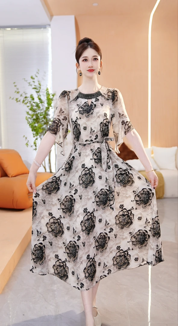 【SJYF1358】春夏季新款连衣裙中长款中式收腰印花修身女装连衣裙