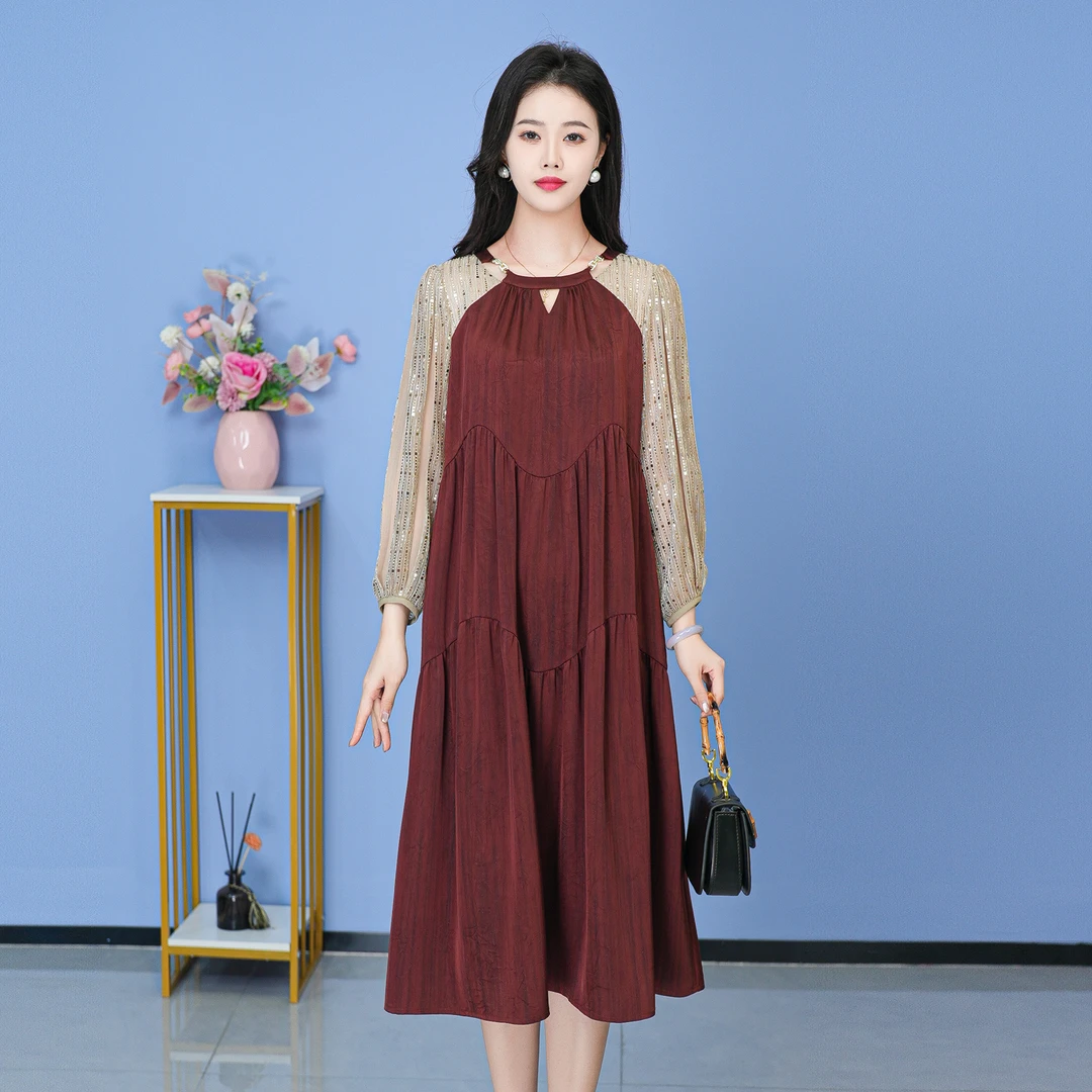 【SJYF1825】春季新款连衣裙中长款气质中式收腰印花修身女装连衣裙