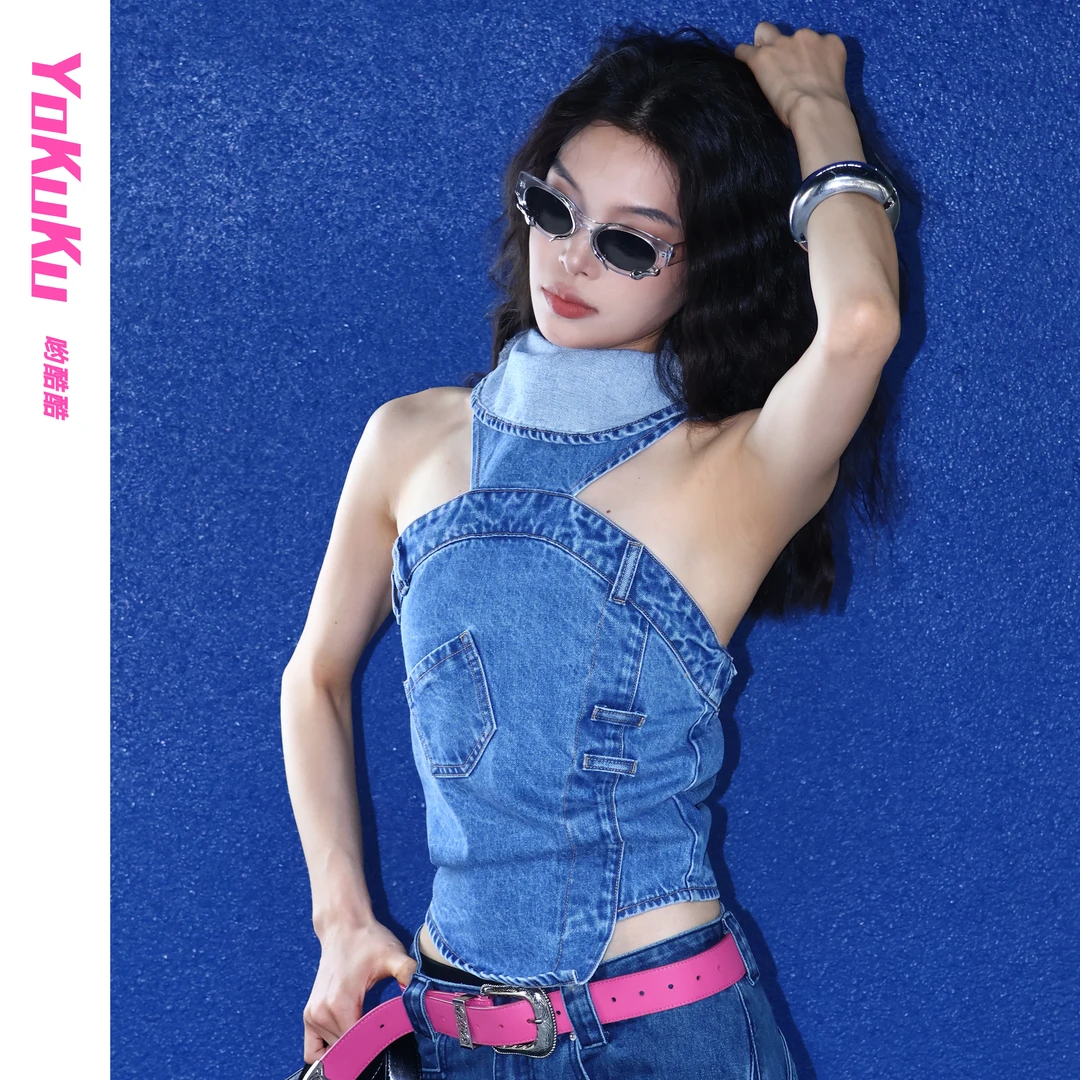 哟酷酷牛仔很忙独立设计牛仔无肩背心气质女装水洗上衣98