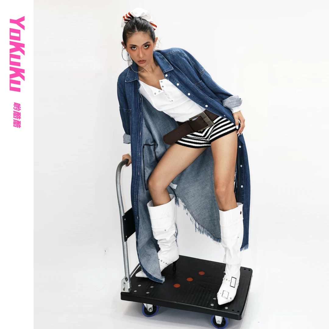 哟酷酷（流浪丹宁）复古毛边宽松慵懒绑带牛仔风衣衬衫开衫外套