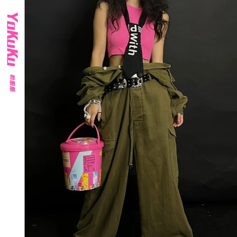 哟酷酷潮牌老钱风军绿工装连体裤情侣款街拍连体宽松裤气质女装
