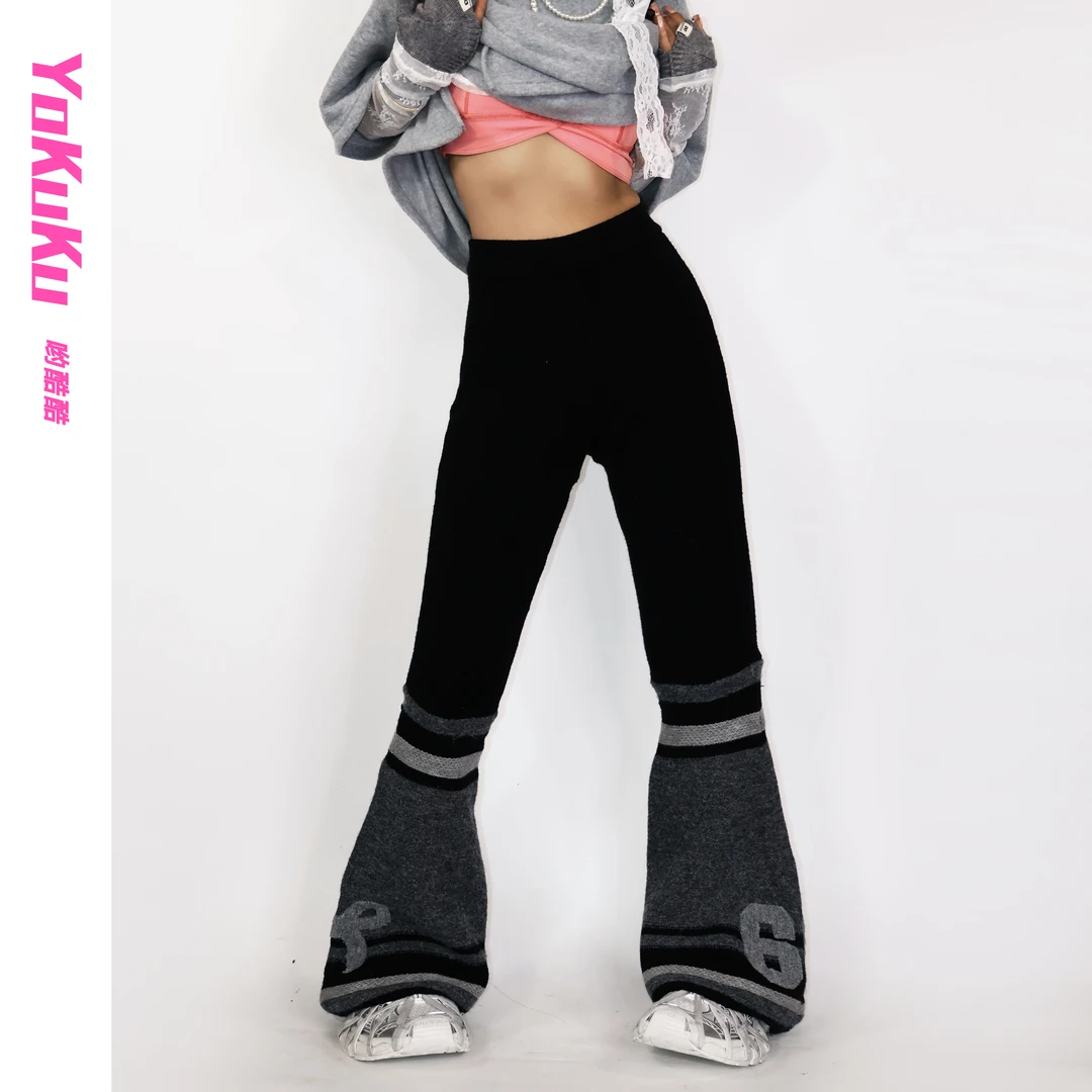 哟酷酷（热带岛屿）美式复古保暖字母显瘦显高拼接针织微喇叭休闲裤