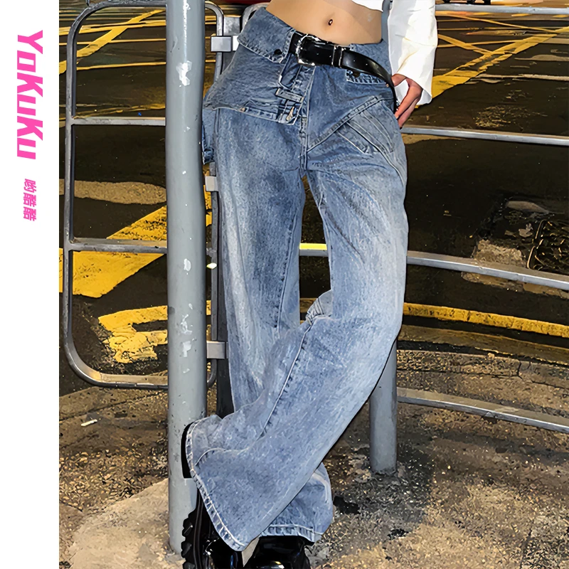 哟酷酷（野蛮女友）梨形天菜小众中高腰不规则假两件牛仔裤女款爆款