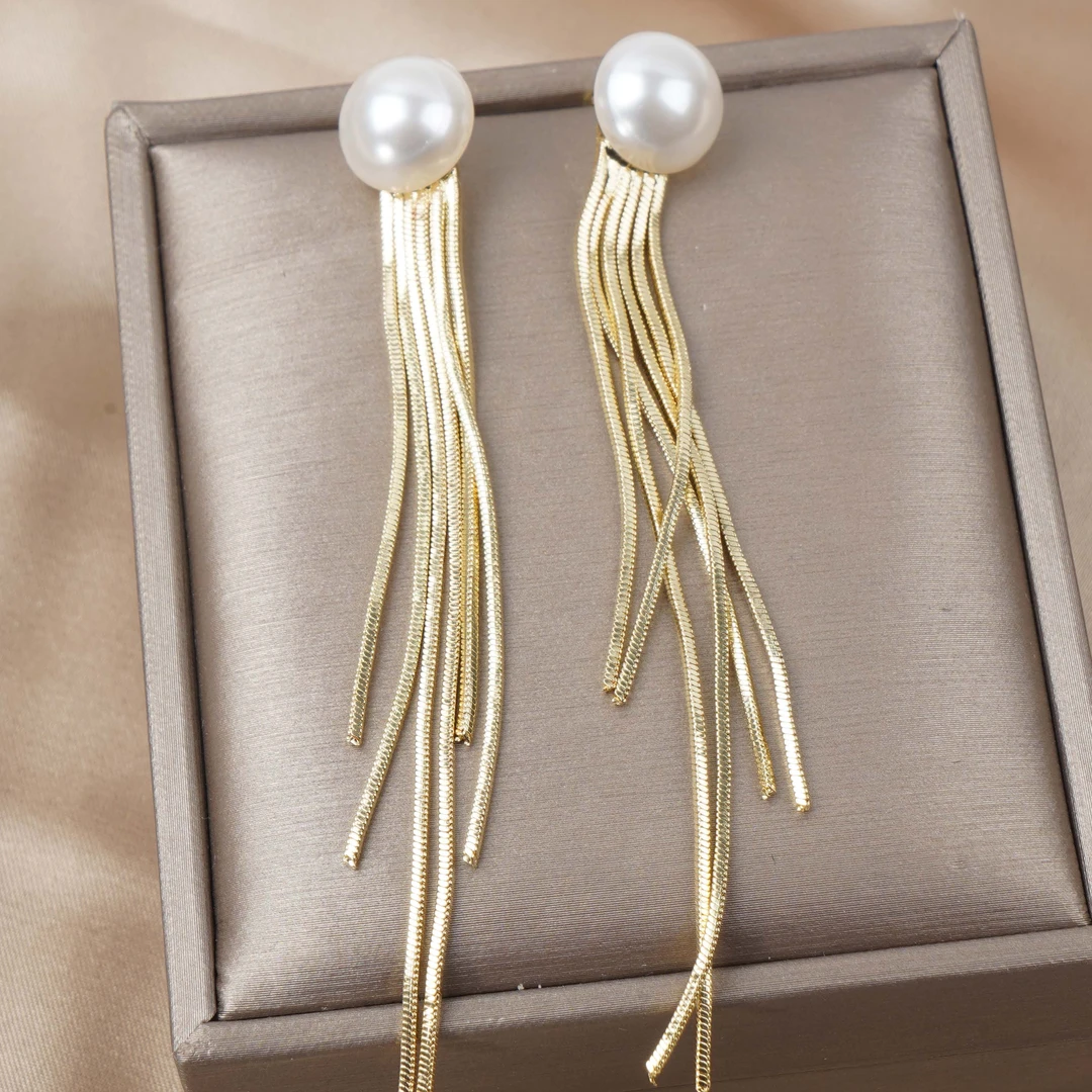铜合金耳饰 高级感珠珠流苏耳环长款耳坠简约冷淡风耳饰品女N1235