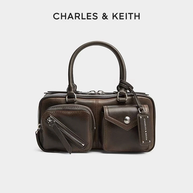 CHARLES & KEITH【琥珀风】复古多口袋手提单肩波士顿包女30840585