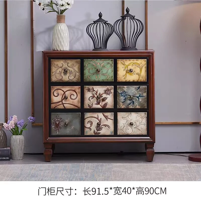 三斗柜假九斗柜隔断柜美式彩绘复古复古家用玄关欧式做旧门厅