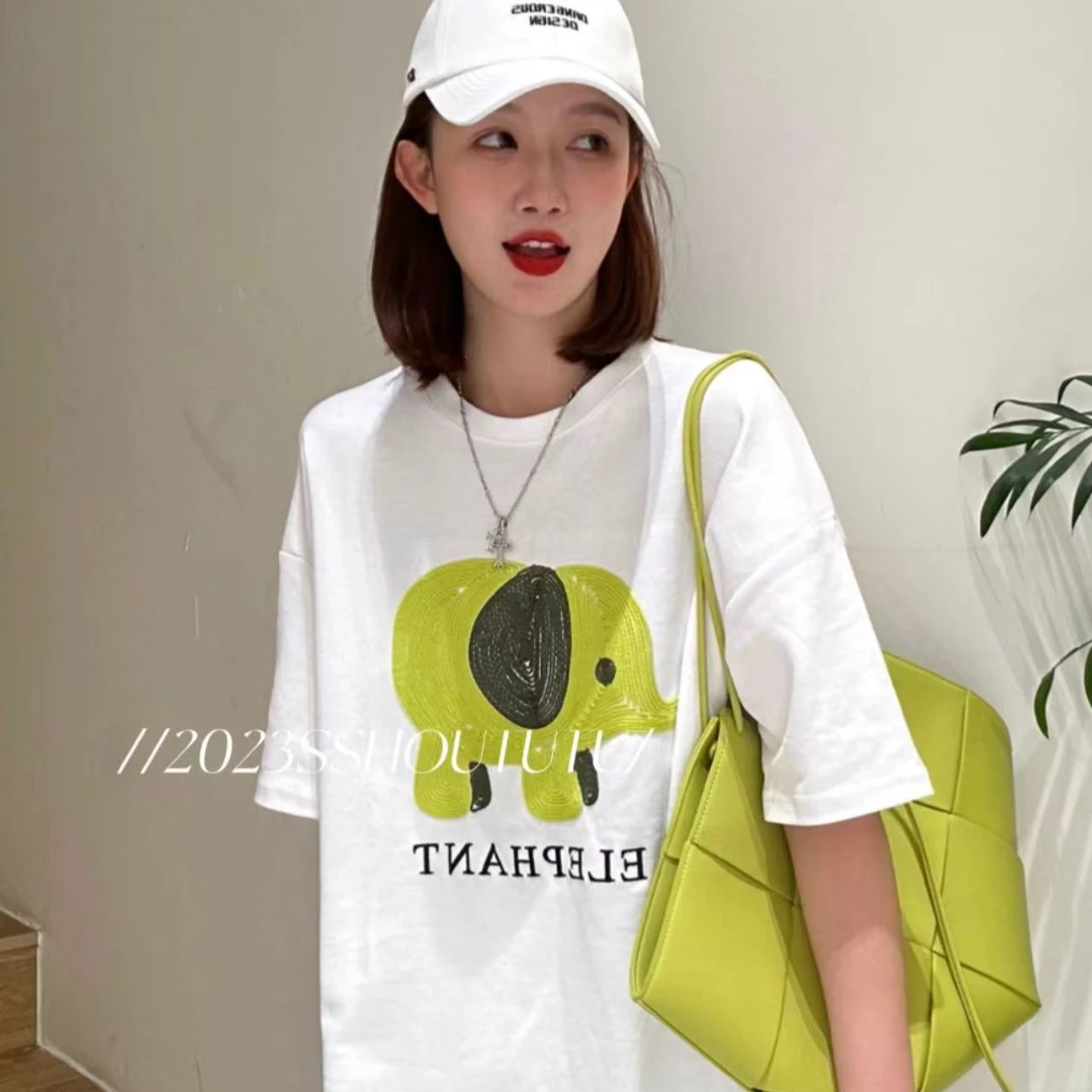 TUTU私服【刺绣大象】彩色t桖女短袖宽松中长款2023夏新款大版T百搭
