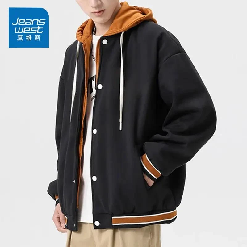 真维斯秋冬加绒男士棒球服潮牌百搭宽松休闲连帽假两件夹克男外套
