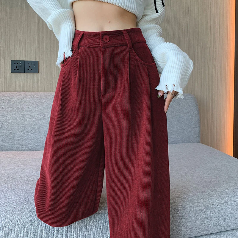 欧棉绒窄版阔腿裤子女秋冬季2023新款复古高腰显瘦条绒直筒裤垂感