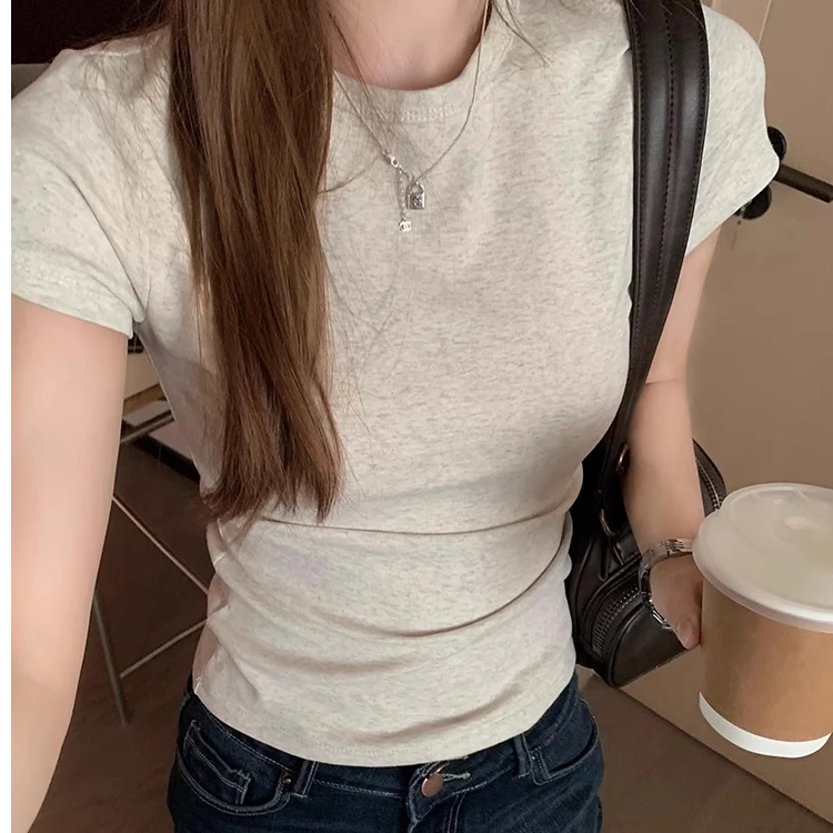 显瘦基础款百搭短袖t恤女2024夏季新款圆领修身简约正肩打底上衣