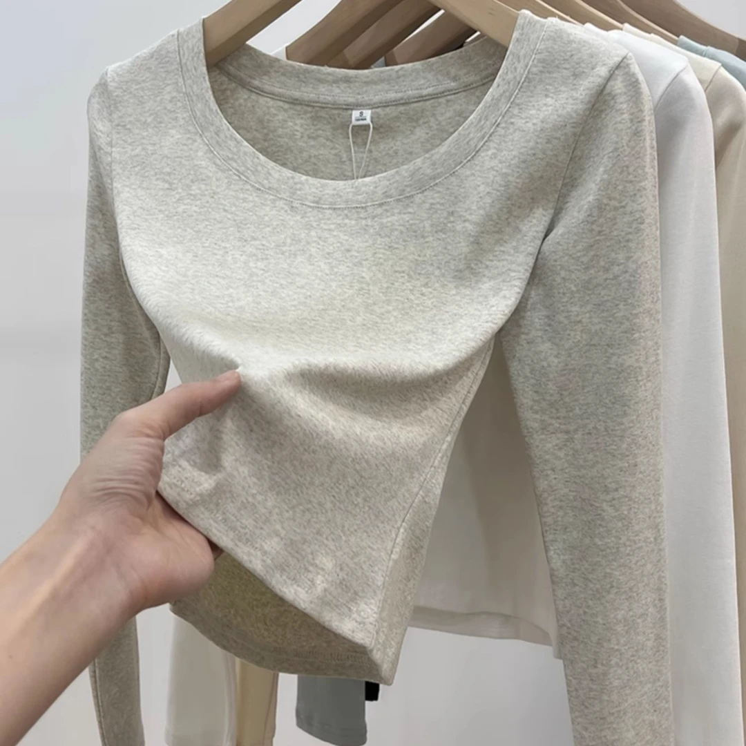 u领正肩短款修身打底衫女2024秋装韩版新款显瘦长袖T恤女上衣内搭