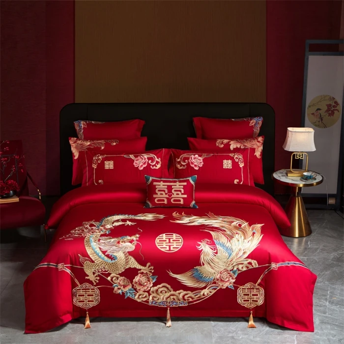 JIUYEJIAFANG/九叶家纺婚庆刺绣大红四件套六件套十件套床上用品