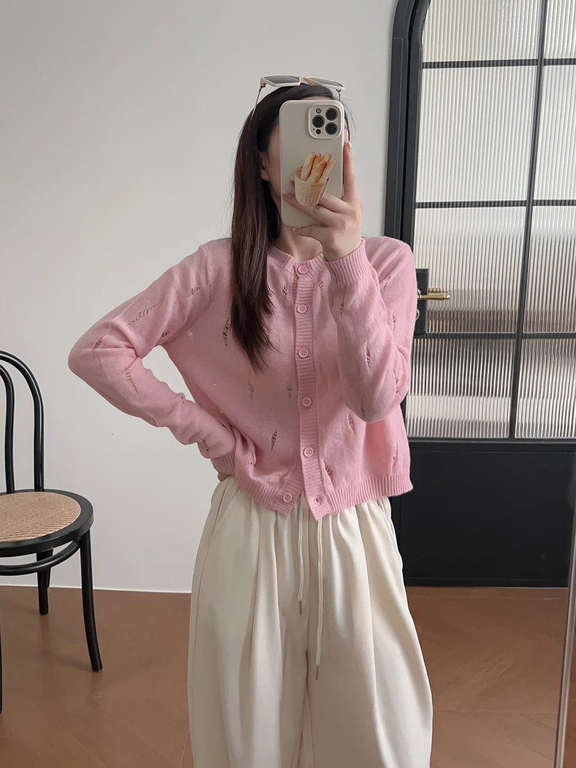 2024早秋罩衫法式镂空100%羊毛毛衣开衫外搭