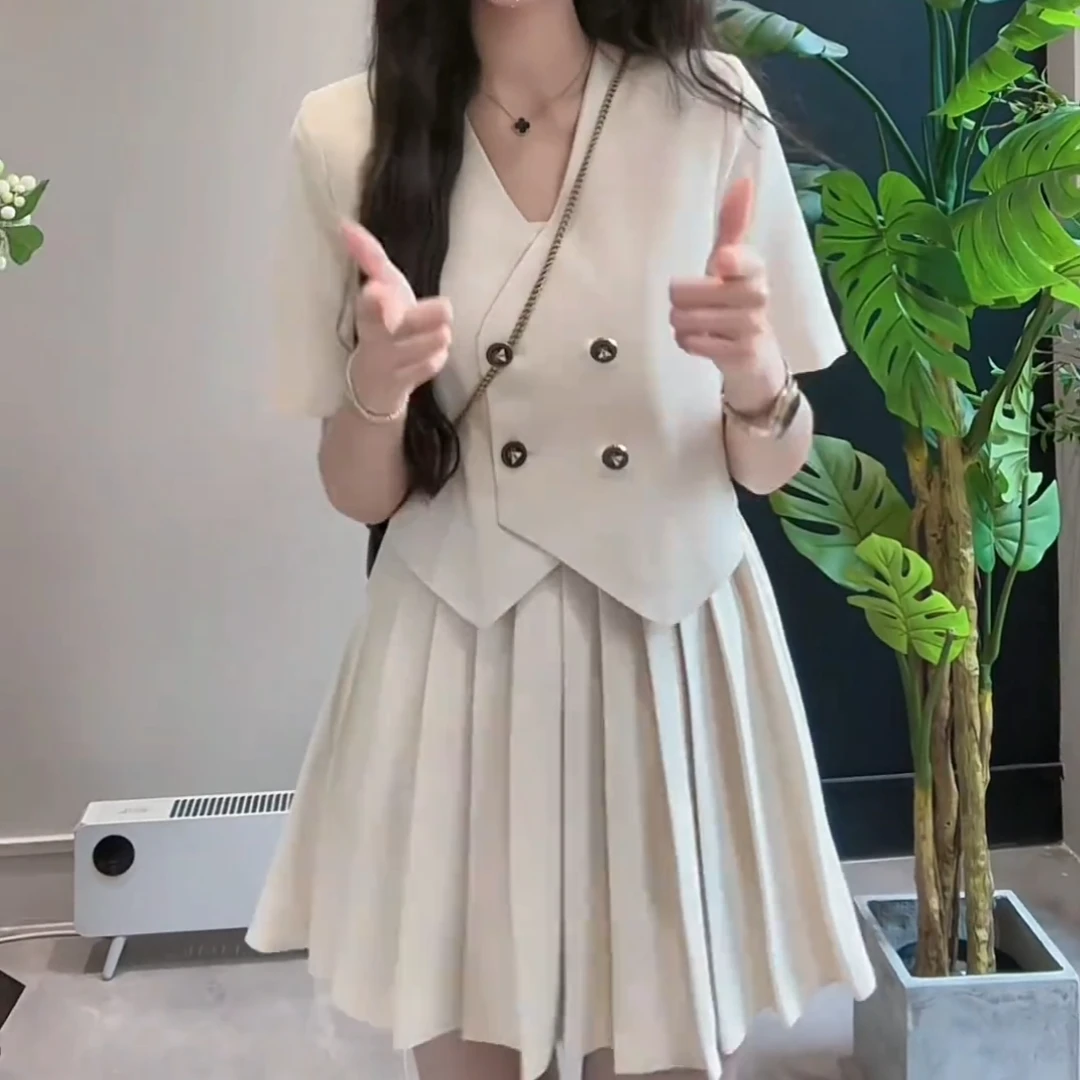 夏季时尚短袖西装上衣套装小香风显瘦气质减龄百褶裙大码两件套女