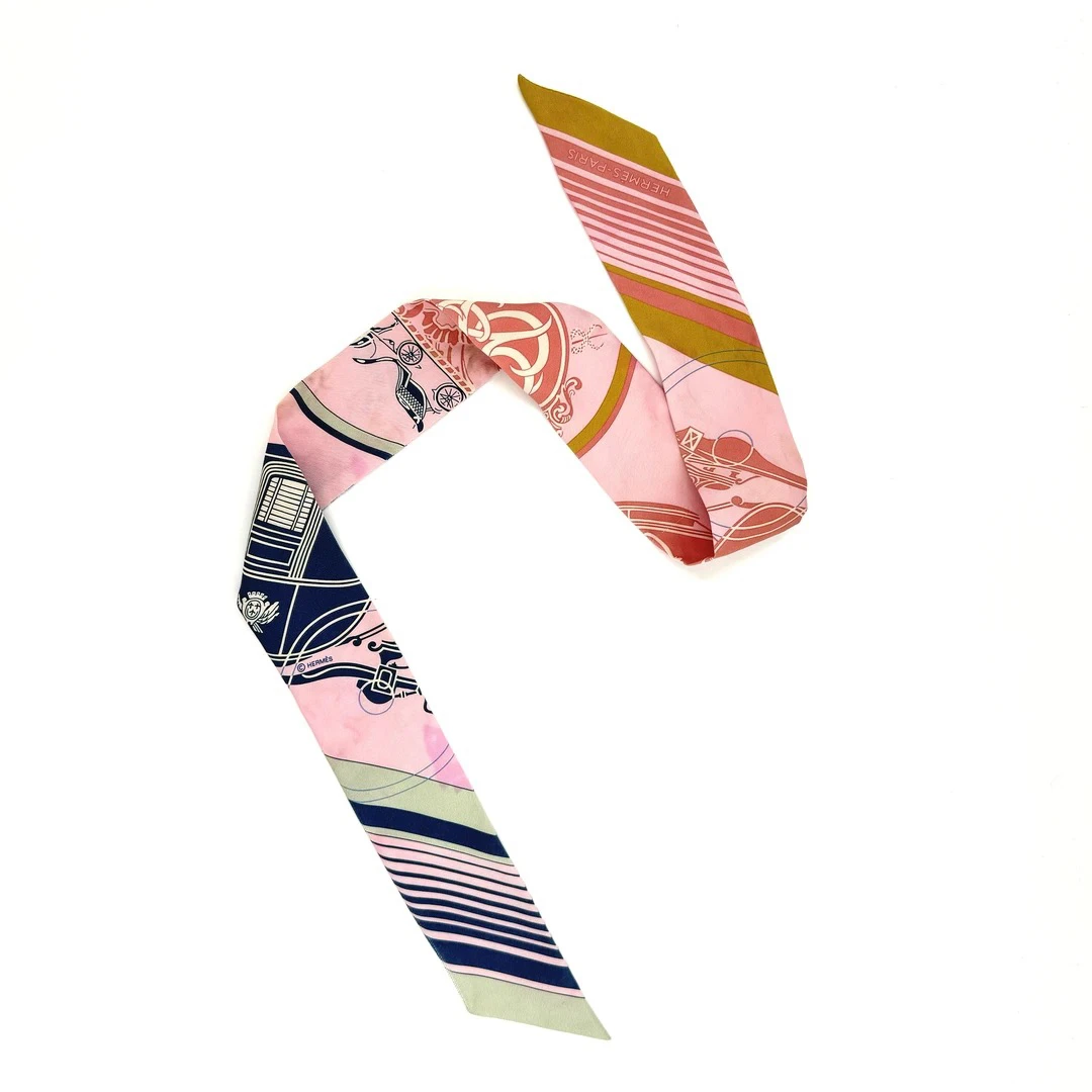 95新 Hermes/爱马仕 马车logo粉色twilly丝巾