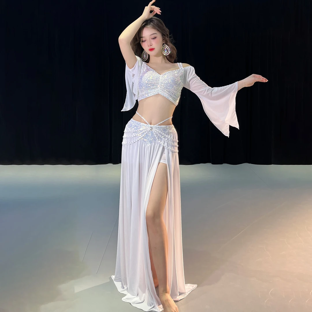 肚皮舞服装2024新款性感亮片东方舞网纱长袖开叉舞服练功习班服套