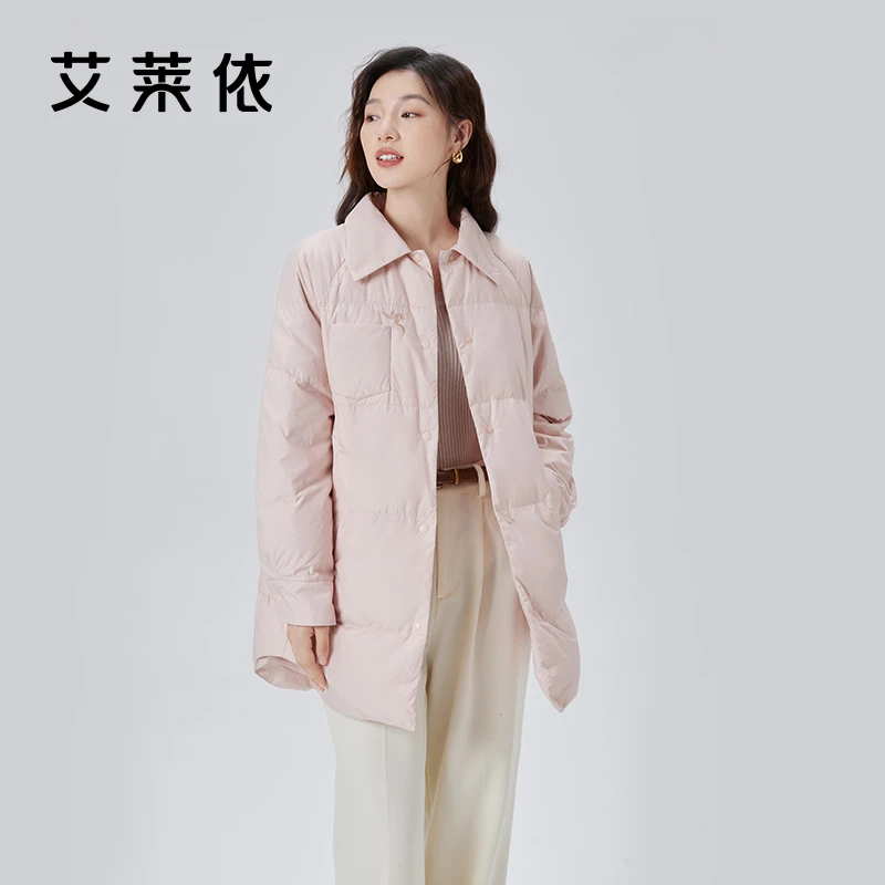 艾莱依刺绣衬衫式羽绒服女2023新款轻盈时尚透气保暖防风外套6055