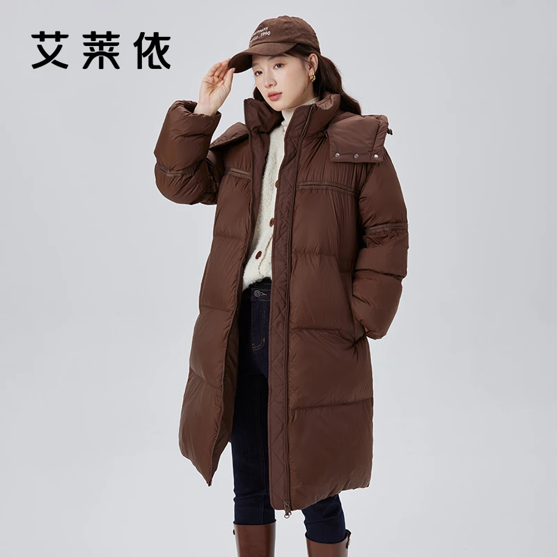 艾莱依冬季鹅绒羽绒服女2023新款双层领连帽户外保暖防风外套1109