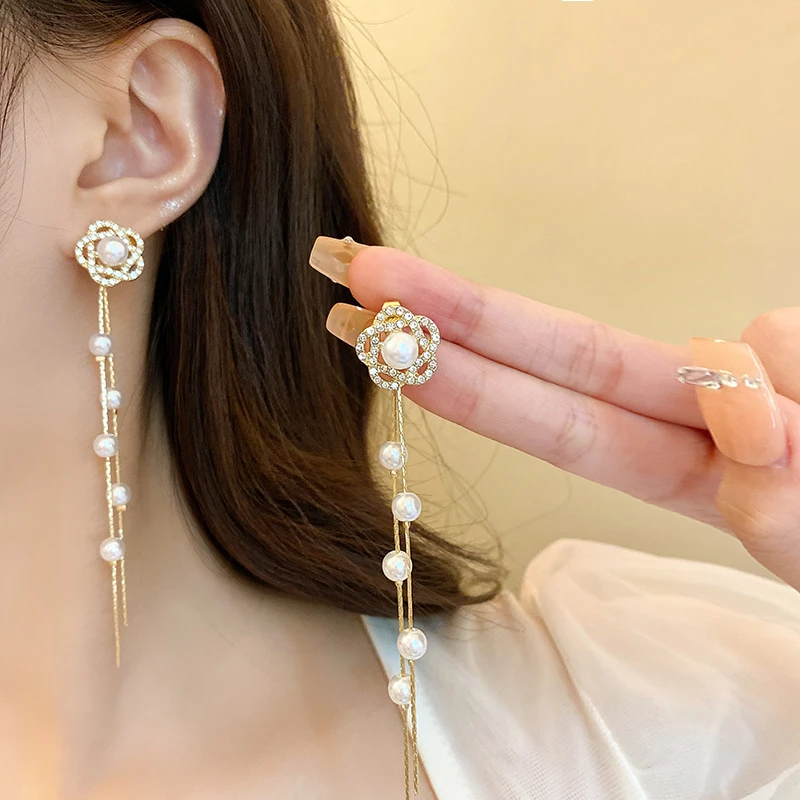 合金耳饰 小众设计感花朵耳环女长款气质流苏耳钉轻奢高级