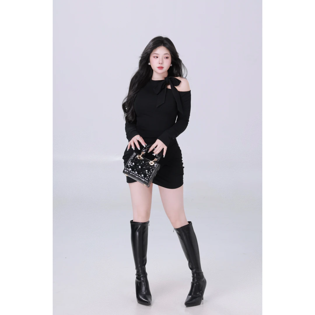 现现【Du宠香肩】气质设计感长袖高腰紧身包臀连衣裙3901M