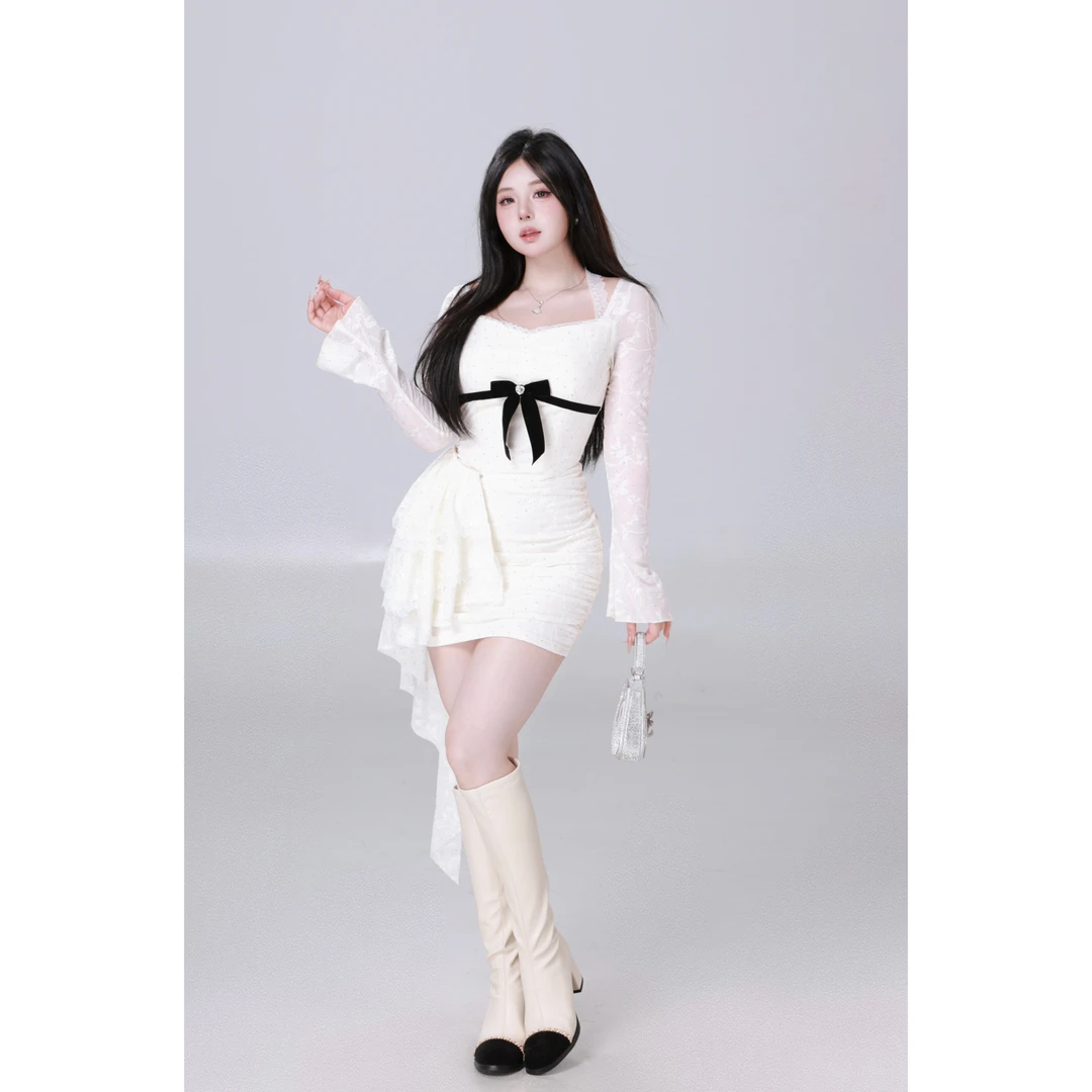 现MengFairy【心动月光】纯欲蝴蝶结蕾丝连衣裙设计重工款4147套&装