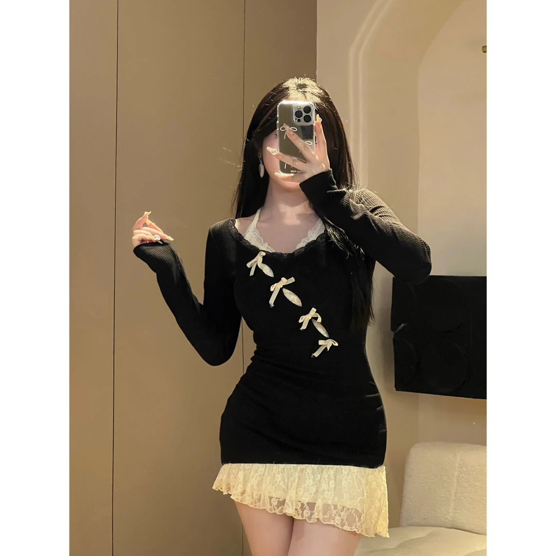 现现MengFairy【妲己新宠】纯欲设计感挂脖长袖短款针织连衣裙4102M