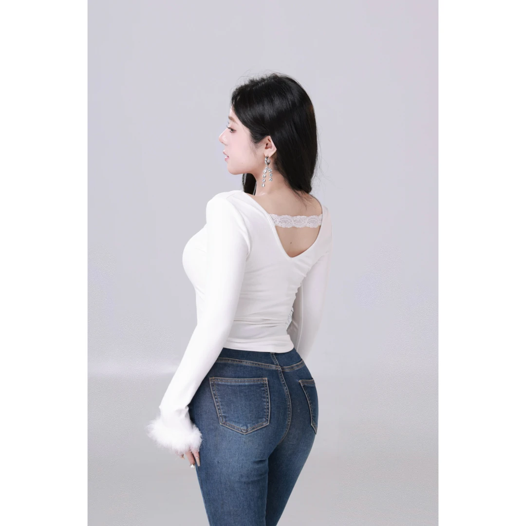 现MengFairy 【美艳sha手上衣】纯欲修身长袖拼接毛毛针织上衣4024