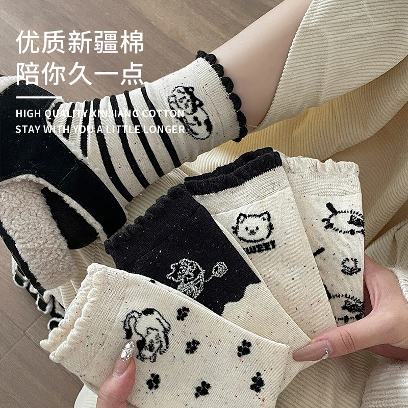 可爱袜子女中筒袜点子纱纯棉春秋款小熊ins潮韩国卡通日系彩点袜