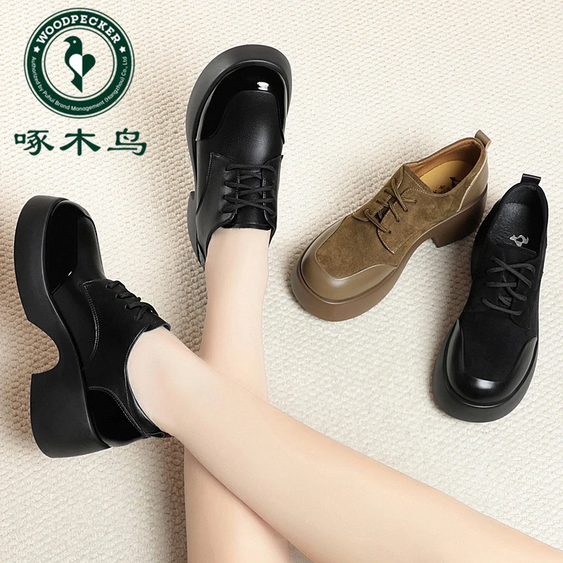 啄木鸟厚底系带松糕小皮鞋女2024春秋季新款单鞋韩版英伦风乐福鞋