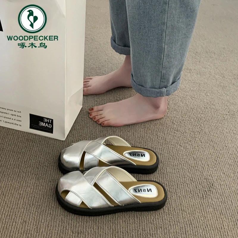 啄木鸟包头拖鞋女外穿2024年春夏季新款复古编织镂空一脚蹬懒人拖