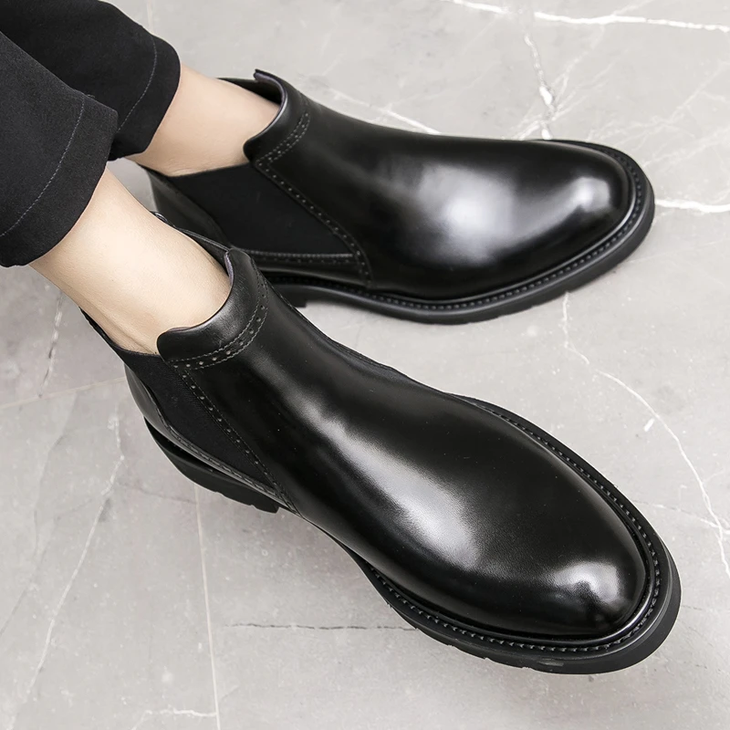 秋季新款高端英伦风切尔西靴真皮靴时尚潮流短靴商务休闲高帮皮鞋