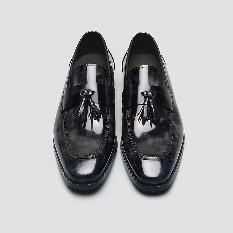 博物馆亮面真皮英伦风男士商务流苏款一脚蹬套脚商务方头正装皮鞋